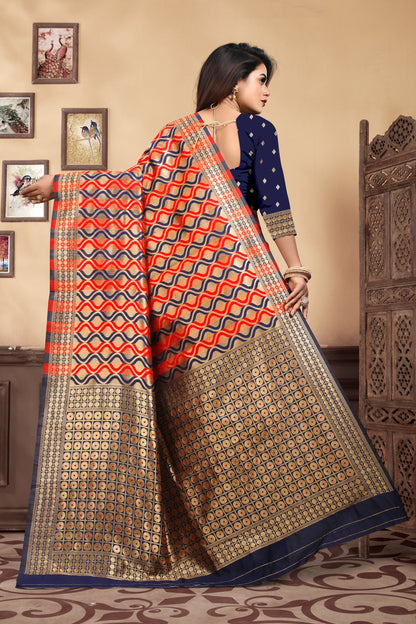 Vedant Vastram Litchi Silk Designer Banarasi Saree - Navy Blue