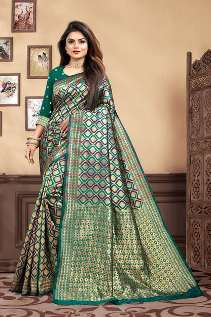 Vedant Vastram Litchi Silk Designer Banarasi Saree - Rama