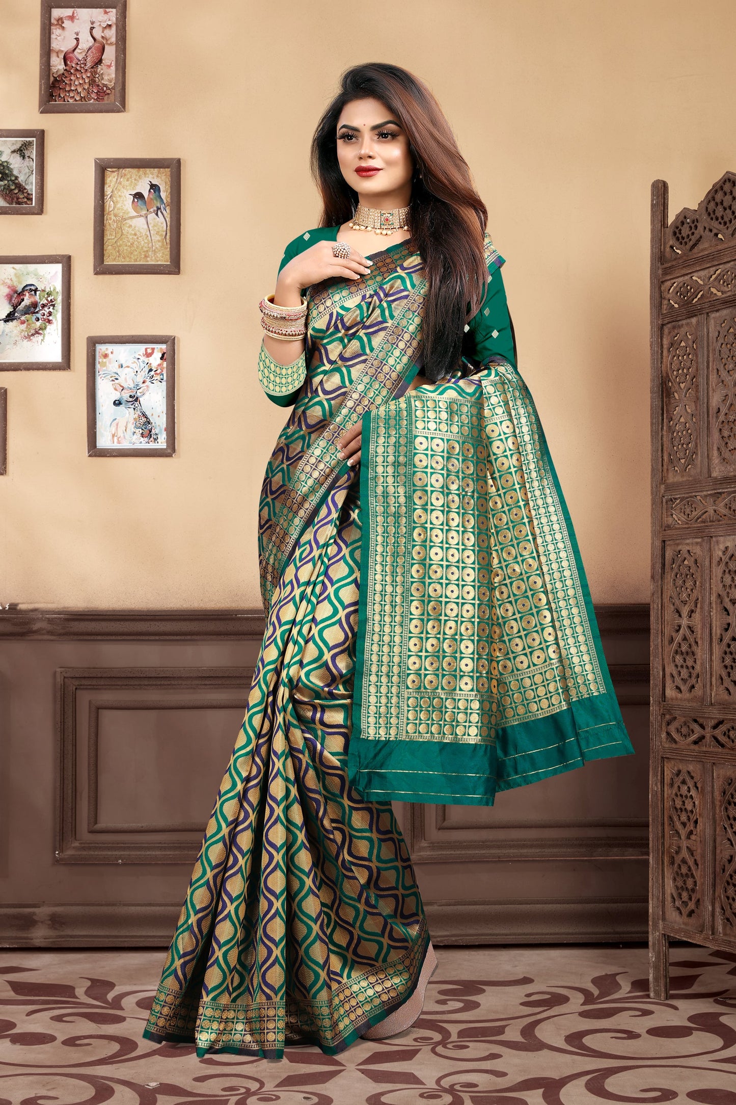 Vedant Vastram Litchi Silk Designer Banarasi Saree - Rama