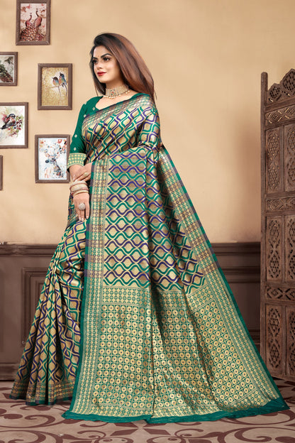 Vedant Vastram Litchi Silk Designer Banarasi Saree - Rama