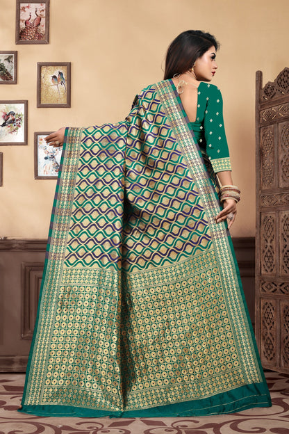 Vedant Vastram Litchi Silk Designer Banarasi Saree - Rama