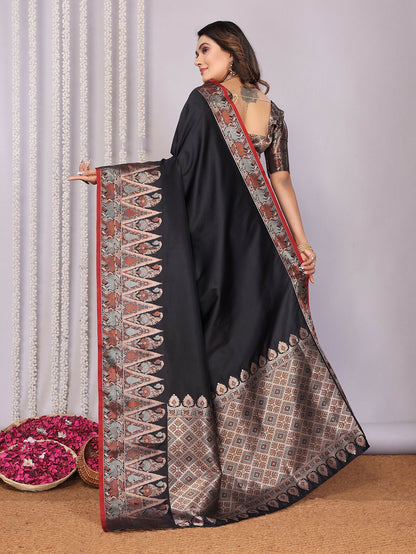 Joban Fashion Banarasi Black Jacquard Woven Soft Silk Saree