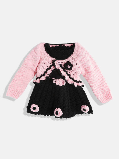 Chutput Kids Woollen Hand Knitted Full Sleeves Cardigan With Short Sleeves Flower Work Dress For Baby Girls - Pink