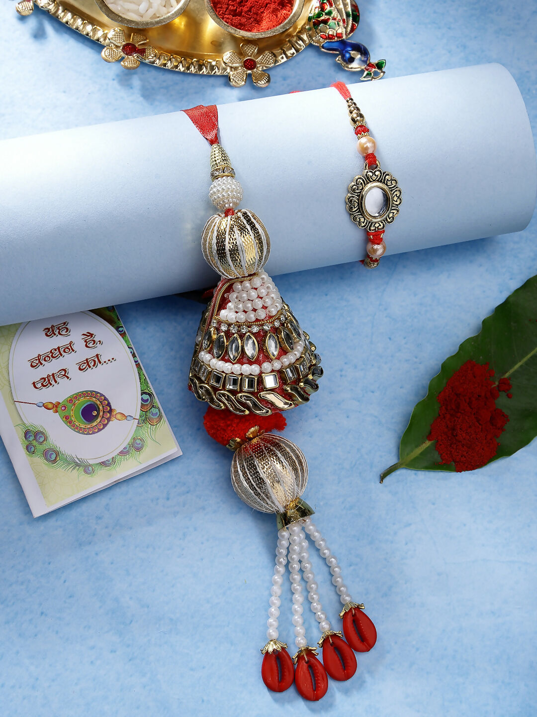 NVR Women & Men Set of 2 Gold & Red Kundan-Studded Bhaiya Bhabhi Rakhi With Roli Chawal & Chocolate