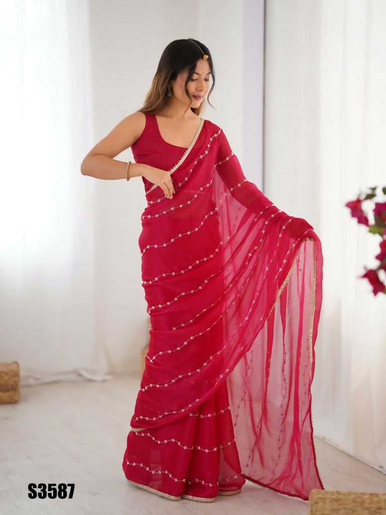 Pink Sitara Chiffon Designer Beads Moti,Val Sequence Work Saree - Noorie
