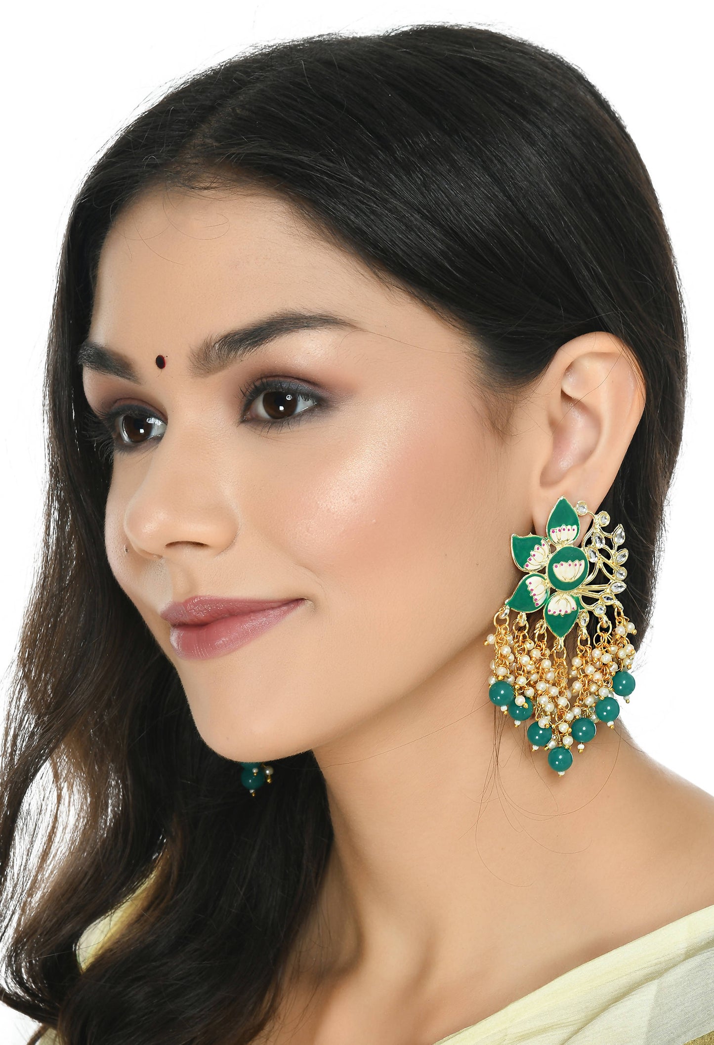 Mominos Fashion Johar Kamal Gold-Polished Kundan Green Meenakari Earrings