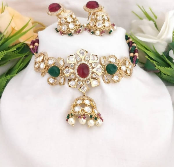 Khavi Arts Designer Pearl Choker-Green and Red