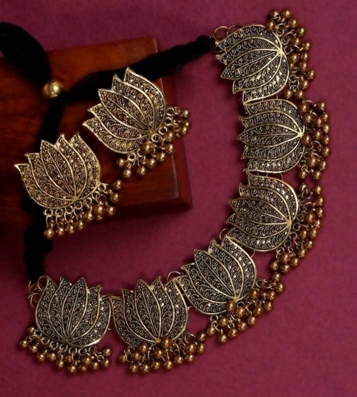 Mominos Fashion Oxidised Lotus Design Golden Color Necklace Choker Set