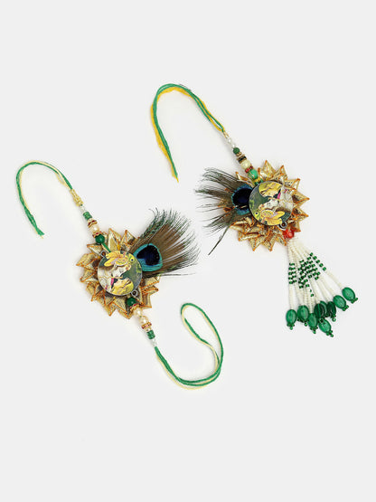 NVR Women & Men Set of 2 Green Radha Krishna Beaded Bhaiya Bhabhi Rakhi With Roli Chawal & Chocolate