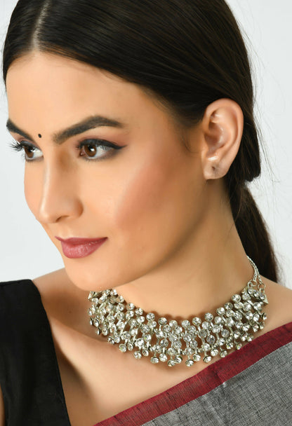 Mominos Fashion Johar Kamal Silver-Plated Brass Finish Kundan Choker For Women