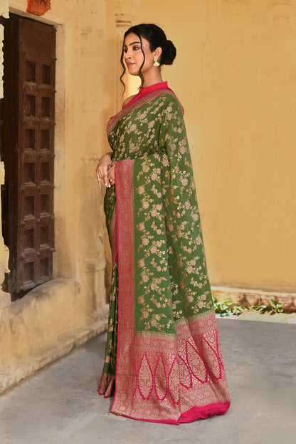 Joban Fashion Green Crepe Chiffon Pure Handloom Banarasi Silk Saree