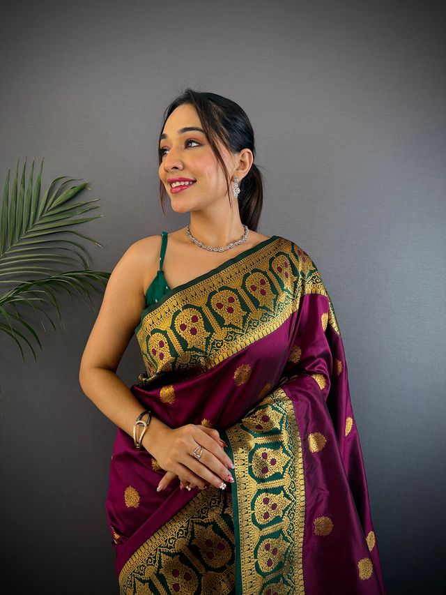 Elora Burgundy Soft Silk Butti Zari Weaving Constrast Pallu Banarasi Saree