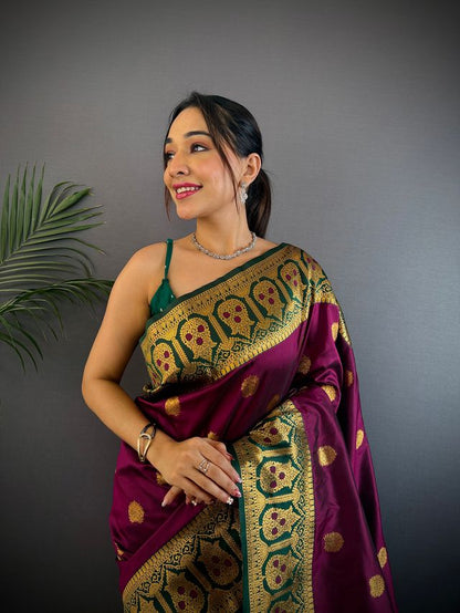 Elora Burgundy Soft Silk Butti Zari Weaving Constrast Pallu Banarasi Saree
