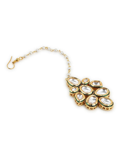 White Gold-Polished Kundan Studded Beaded Maang Tikka - Ruby Raang
