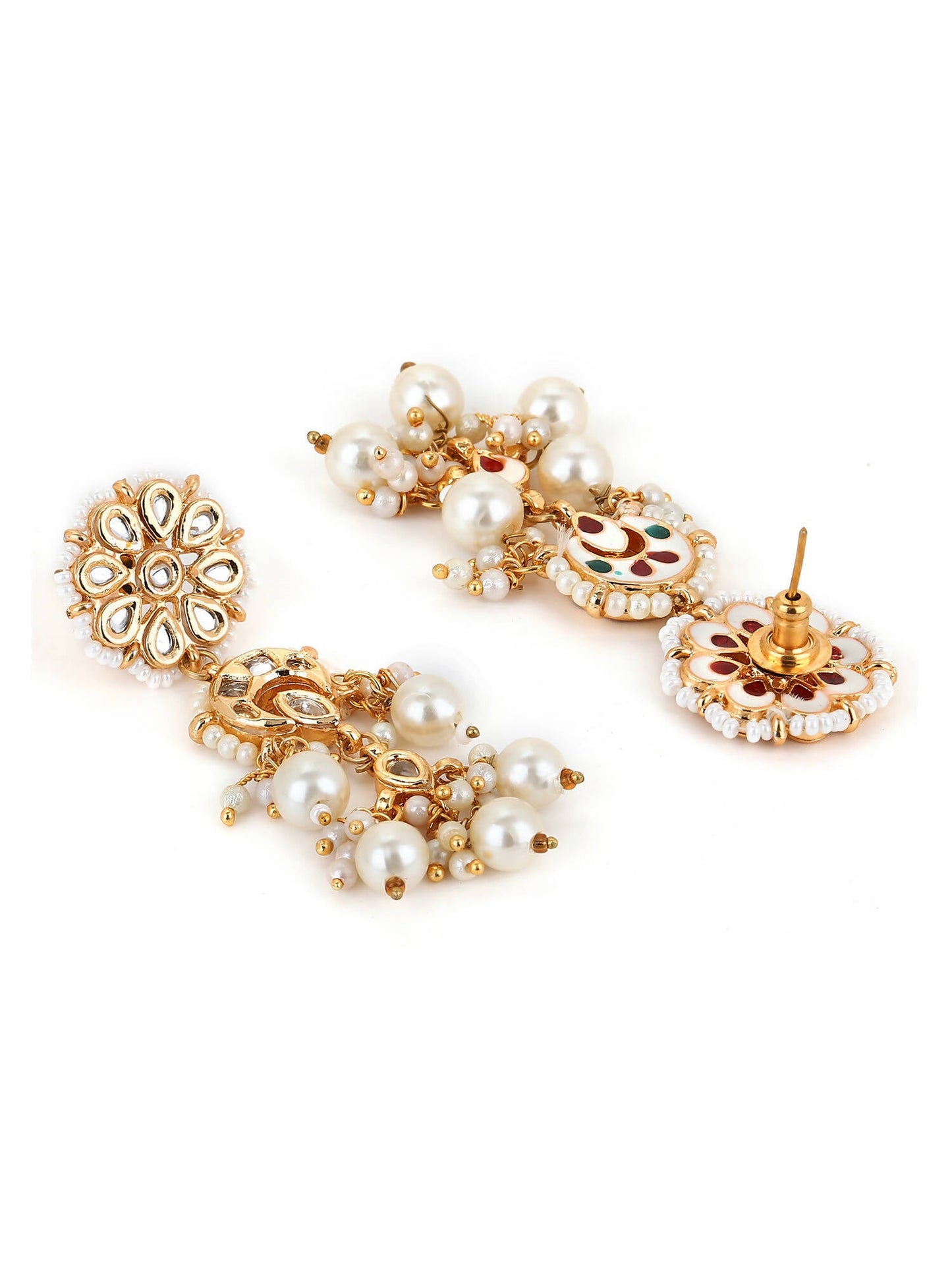 Gold-Toned White Pearl Beaded Contemporary Gold-Polished Jhumkas Earrings - Ruby Raang