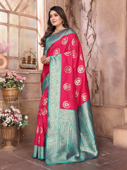 Joban Fashion Hot Pink Banarasi Soft Silk Woven Saree