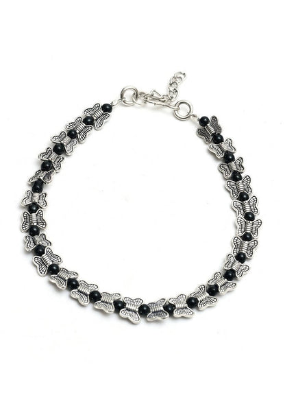 Mominos Fashion Kamal Johar Oxidised Silver Butterfly Anklets