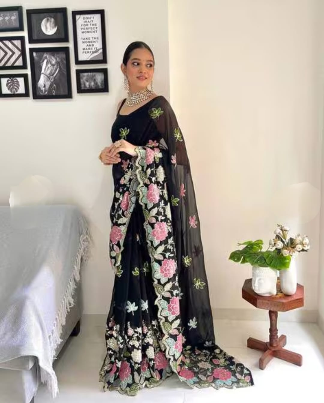 Vamika Embroidery Black Georgette Bollywood Saree