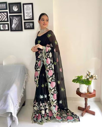 Vamika Embroidery Black Georgette Bollywood Saree