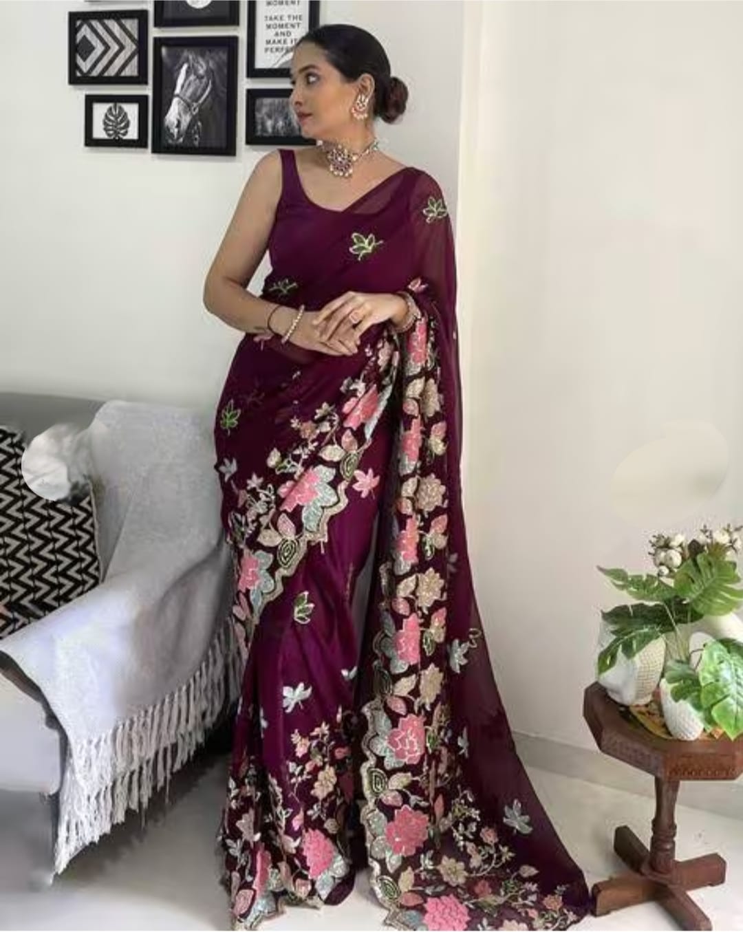 Vamika Embroidery Purple Georgette Bollywood Saree