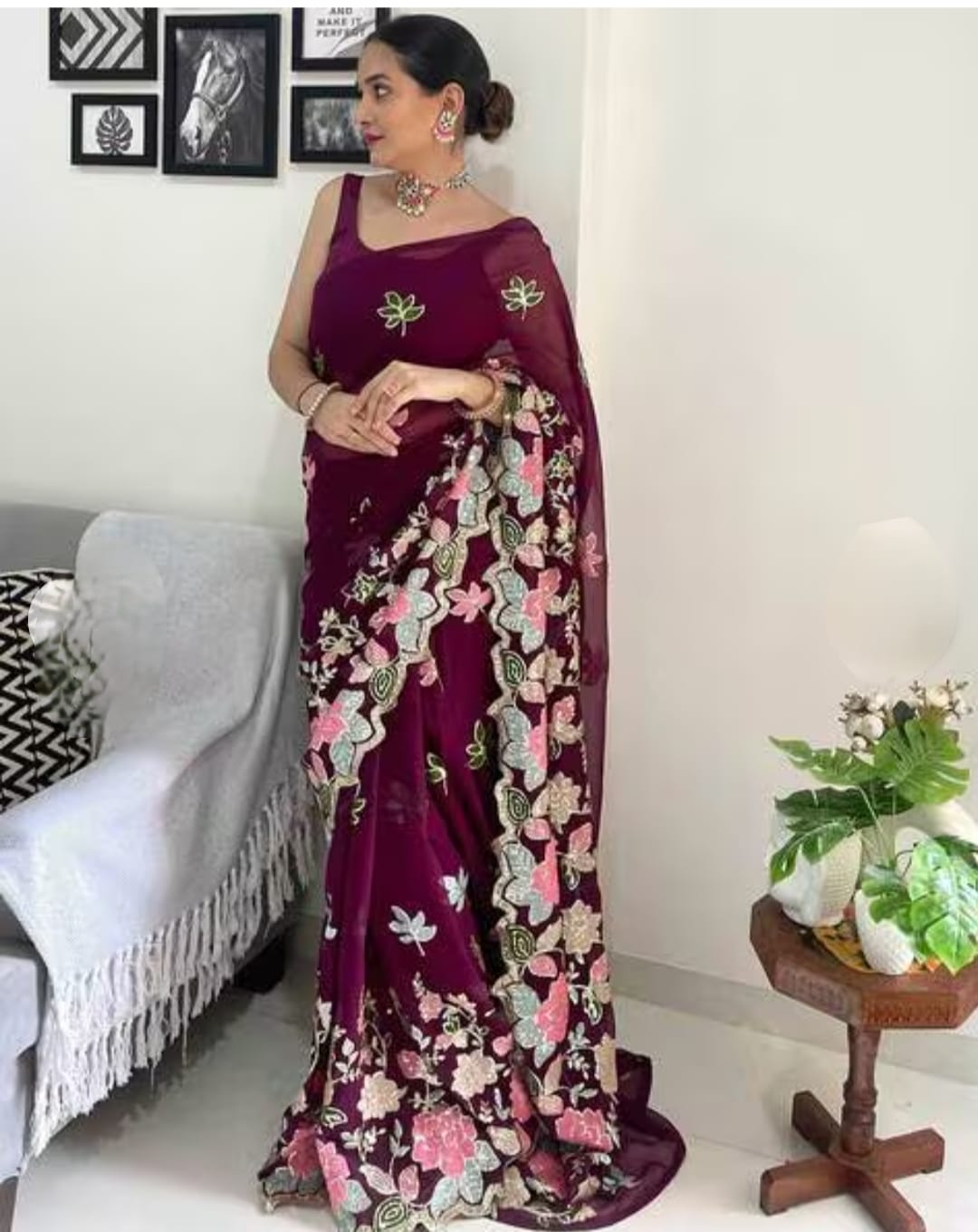Vamika Embroidery Purple Georgette Bollywood Saree
