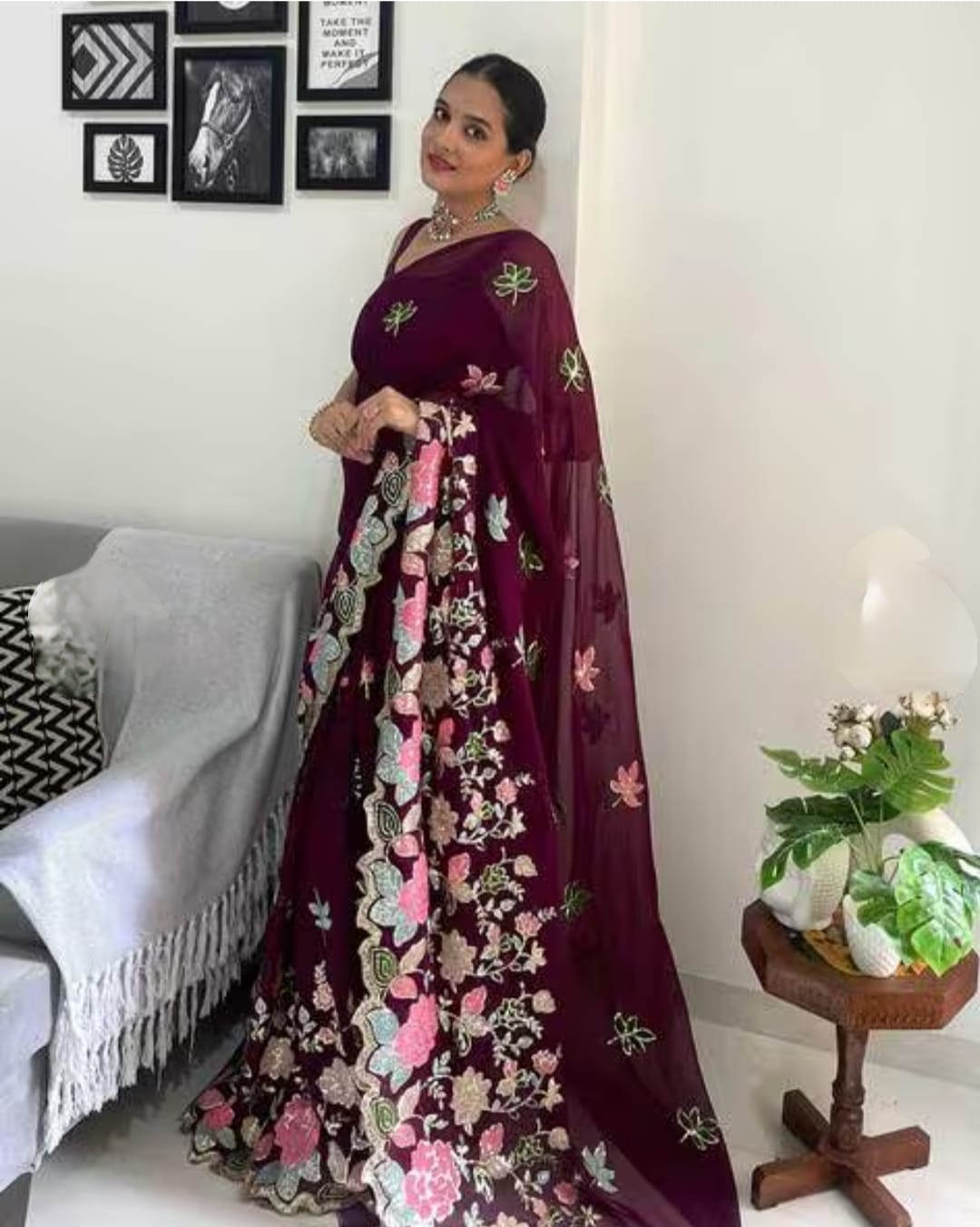 Vamika Embroidery Purple Georgette Bollywood Saree