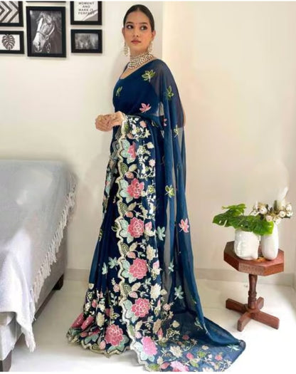Vamika Embroidery Rama Green Georgette Bollywood Saree