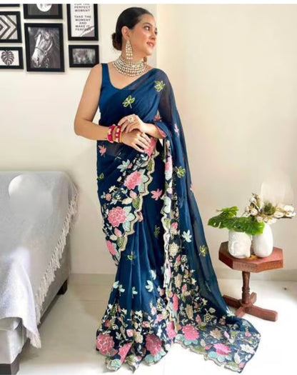 Vamika Embroidery Rama Green Georgette Bollywood Saree