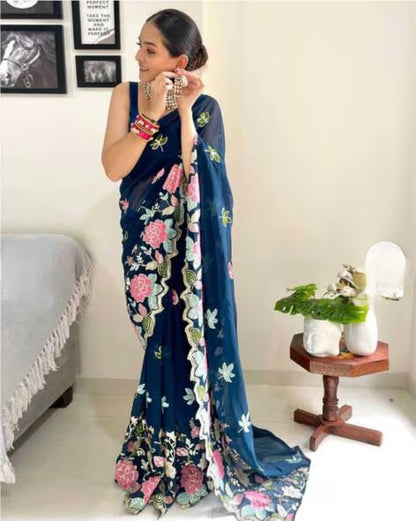 Vamika Embroidery Rama Green Georgette Bollywood Saree
