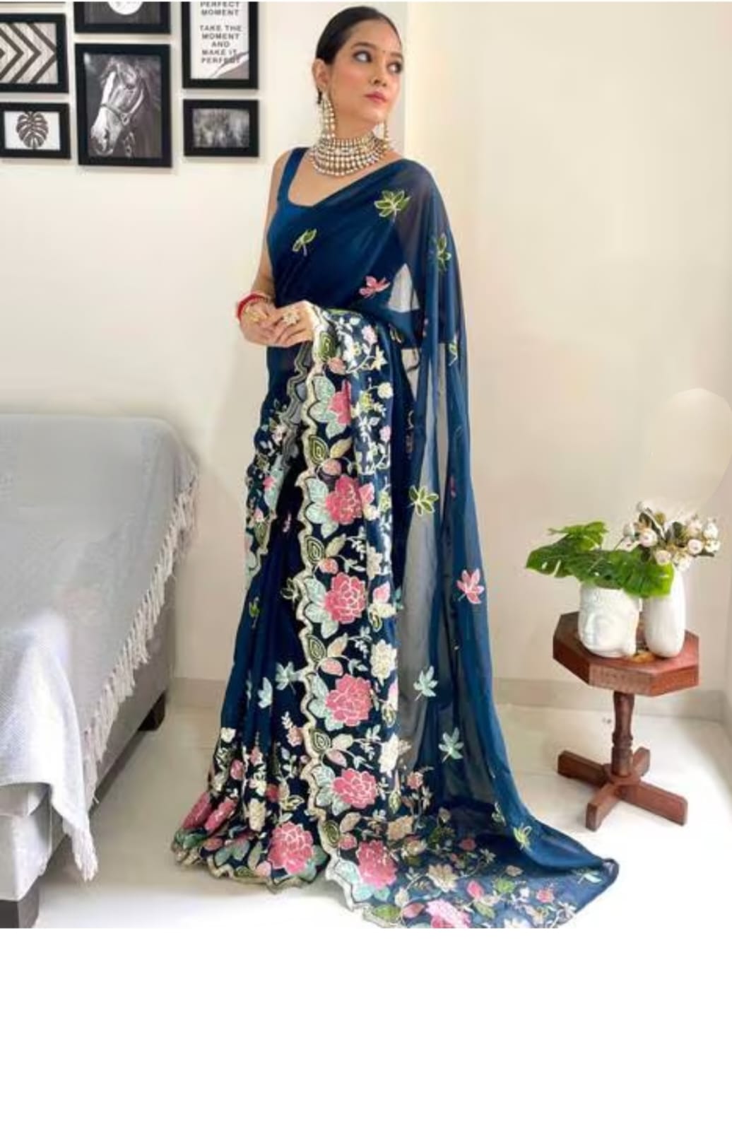 Vamika Embroidery Rama Green Georgette Bollywood Saree