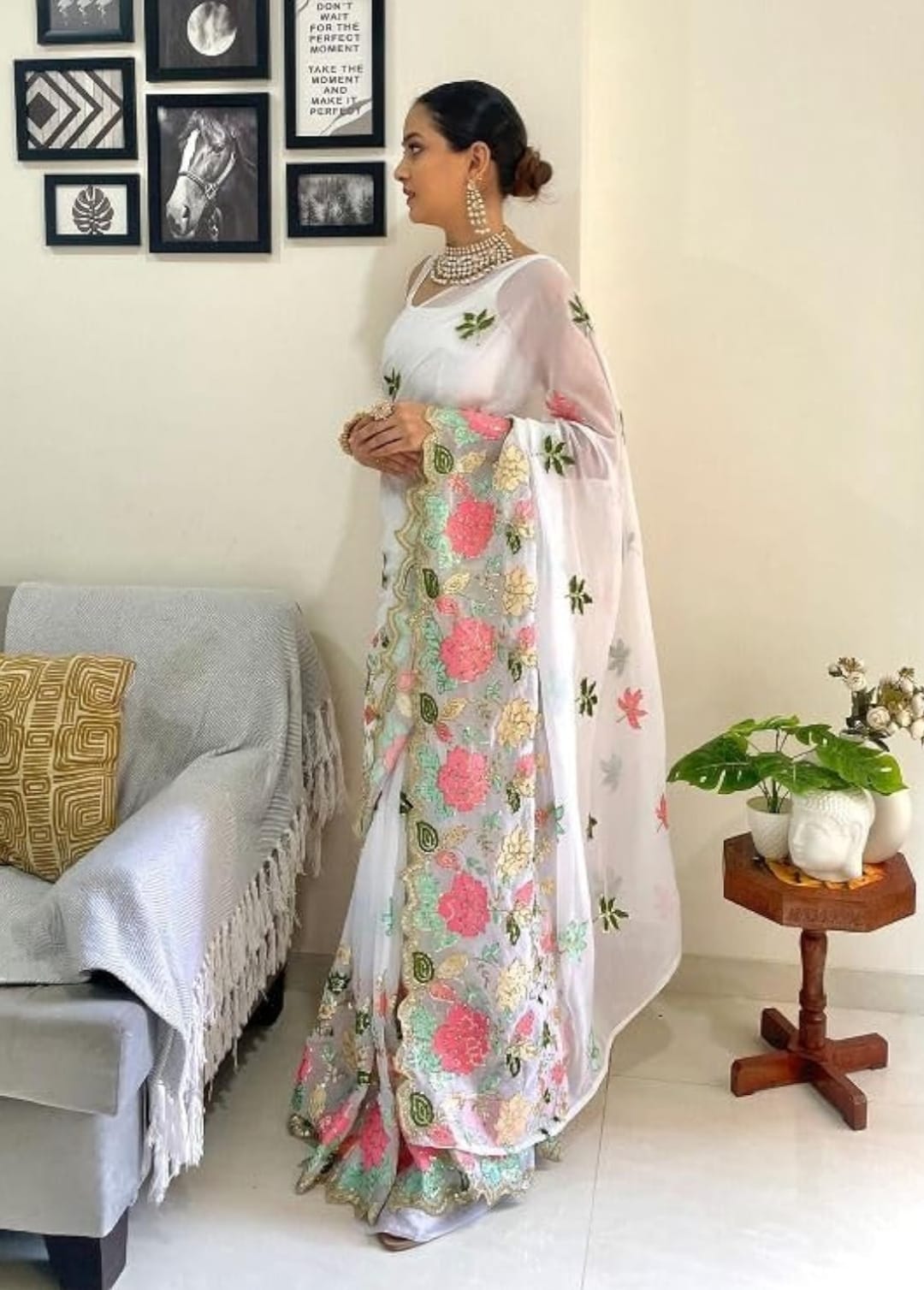 Vamika Embroidery White Georgette Bollywood Saree
