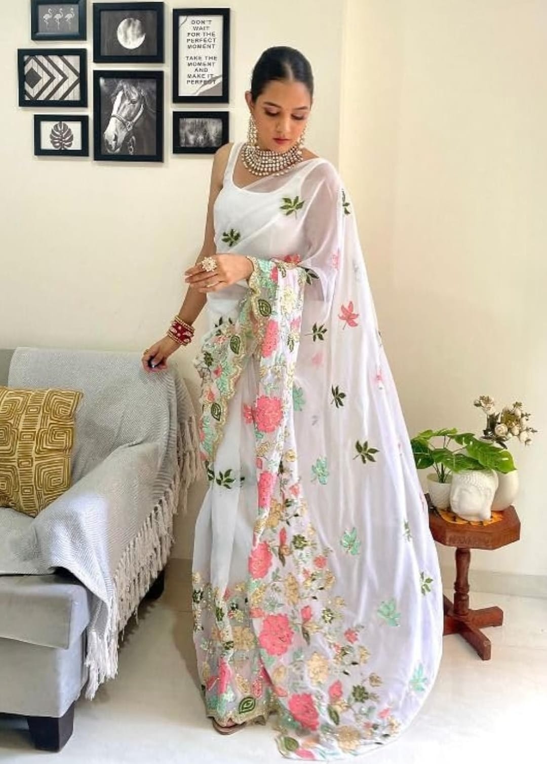 Vamika Embroidery White Georgette Bollywood Saree