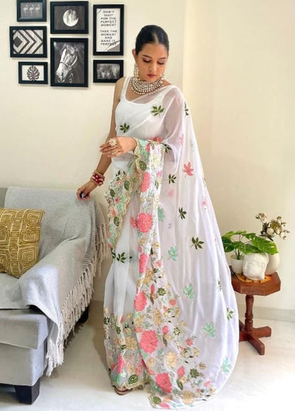 Vamika Embroidery White Georgette Bollywood Saree