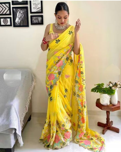 Vamika Embroidery Yellow Georgette Bollywood Saree