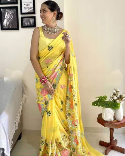 Vamika Embroidery Yellow Georgette Bollywood Saree