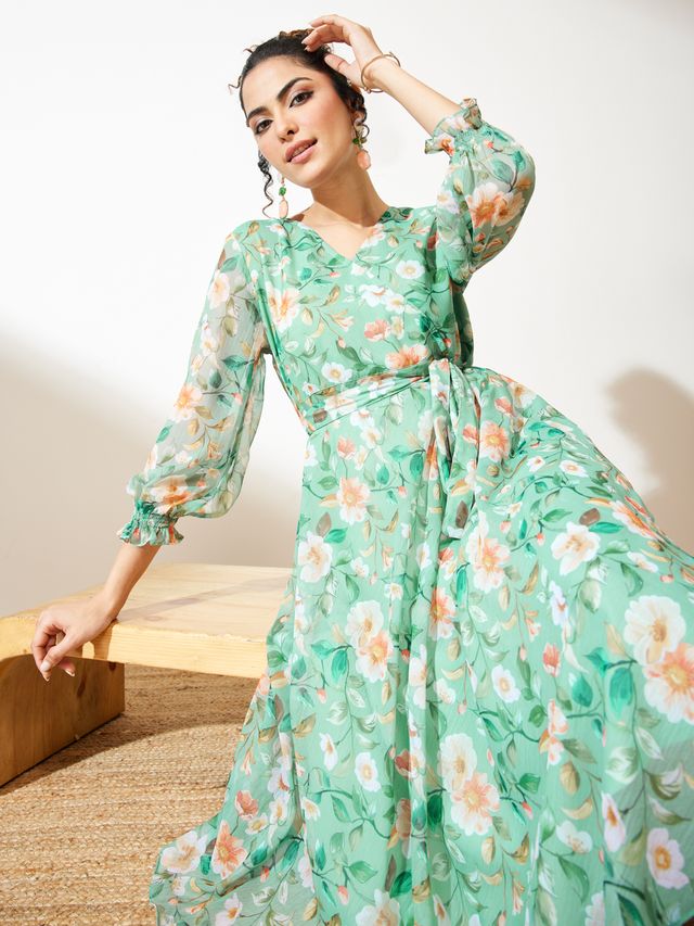 Janasya Mint Fit & Flare Chiffon Dress