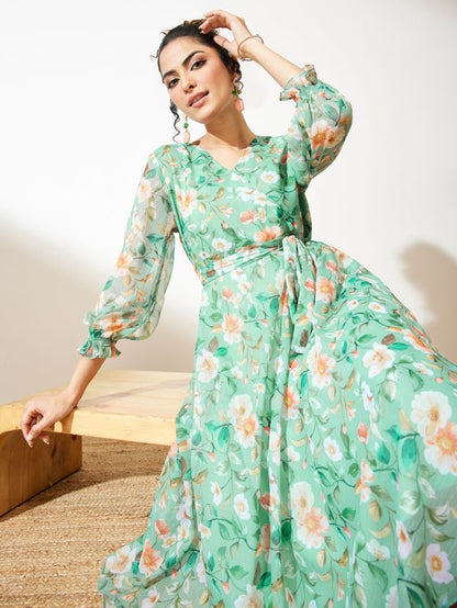 Janasya Mint Fit & Flare Chiffon Dress