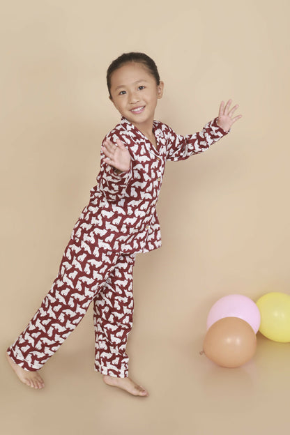Breathables Kids Cotton Night Suit – Maroon Cat Print Shirt & Pyjama Co-Ord Set For Boys & Girls