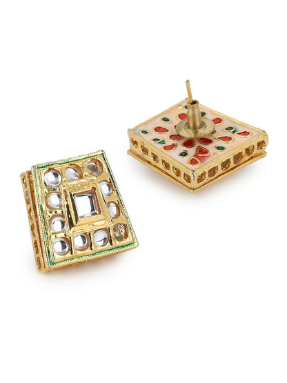 Gold-Toned White Kundan Square Shaped Gold-Polished Studs Earrings - Ruby Raang