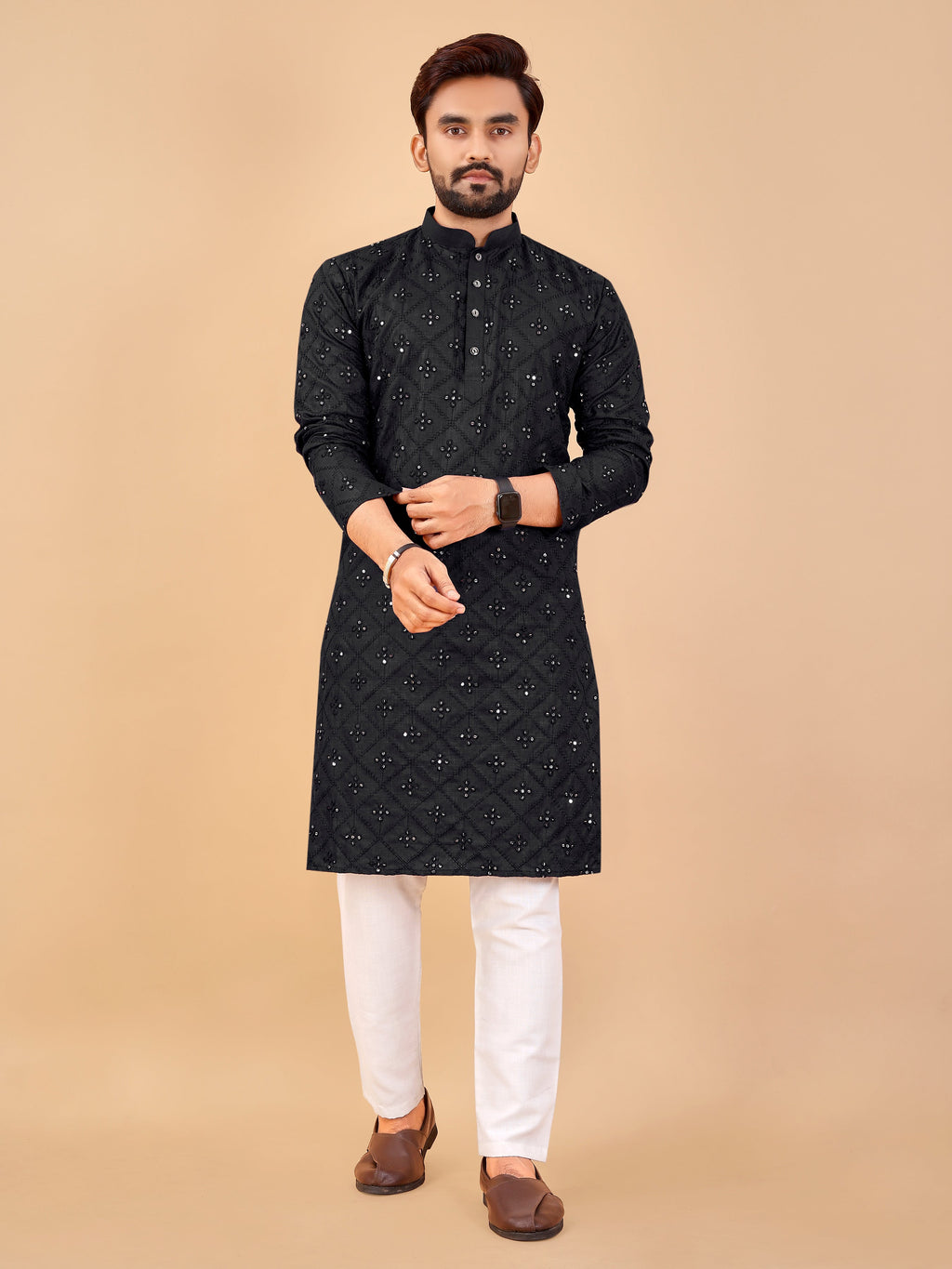 Soft Cotton Embroidery Mirror Work Men's Kurta Pajama Set