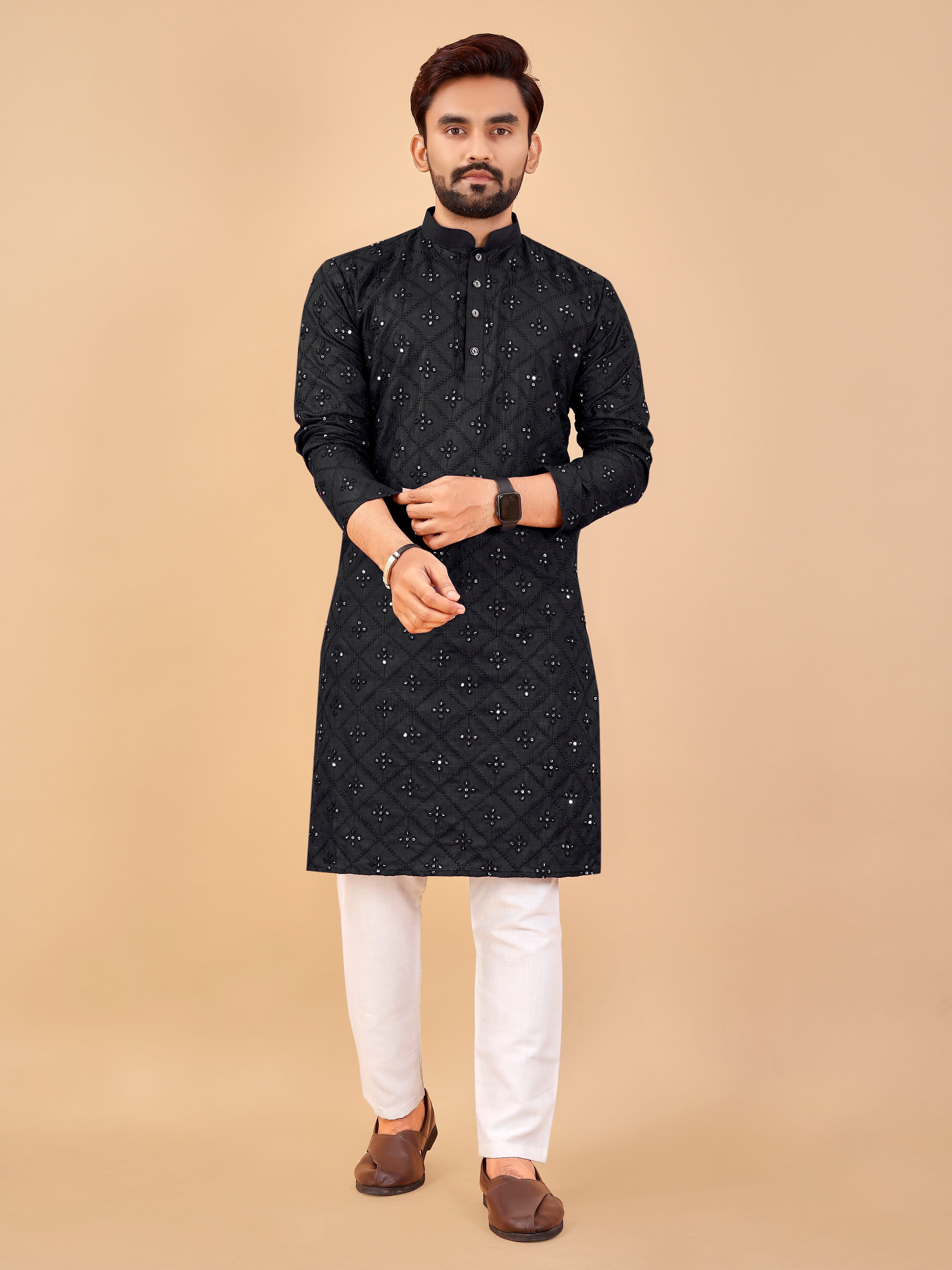 Soft Cotton Embroidery Mirror Work Men's Kurta Pajama Set