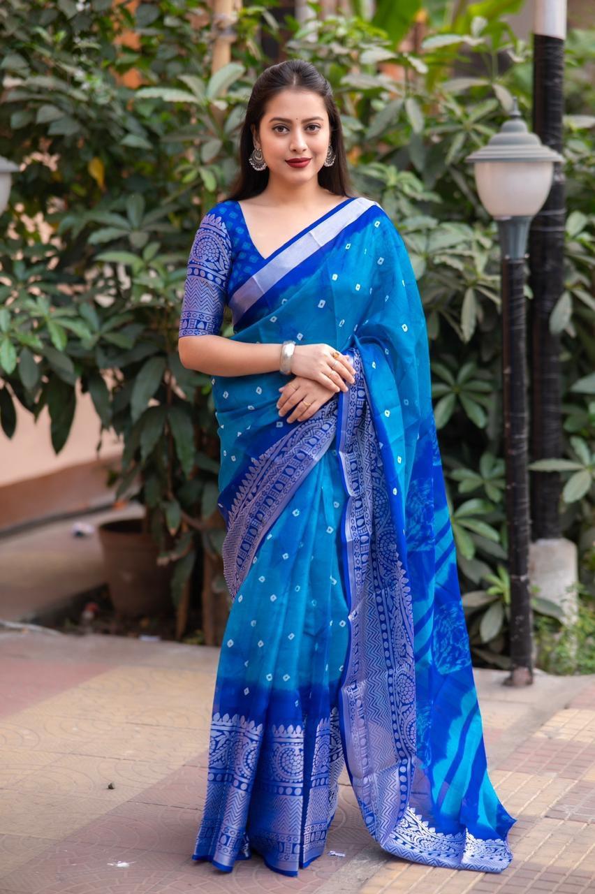 Blue Jute Silk Ethnic Motifs Saree with Unstitched Blouse - A2M