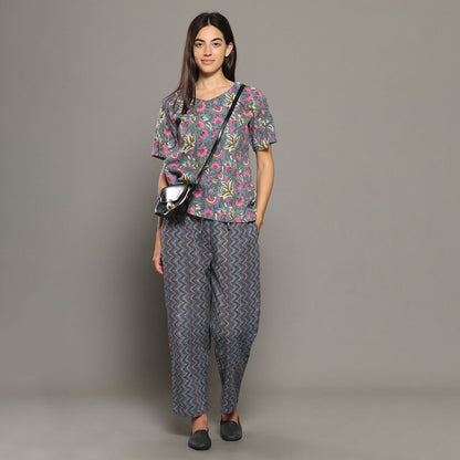 Breathables Women Cotton Printed Loungewear Kurta And Pants Co-Ord Set With Crop Top Grey I Nightwear