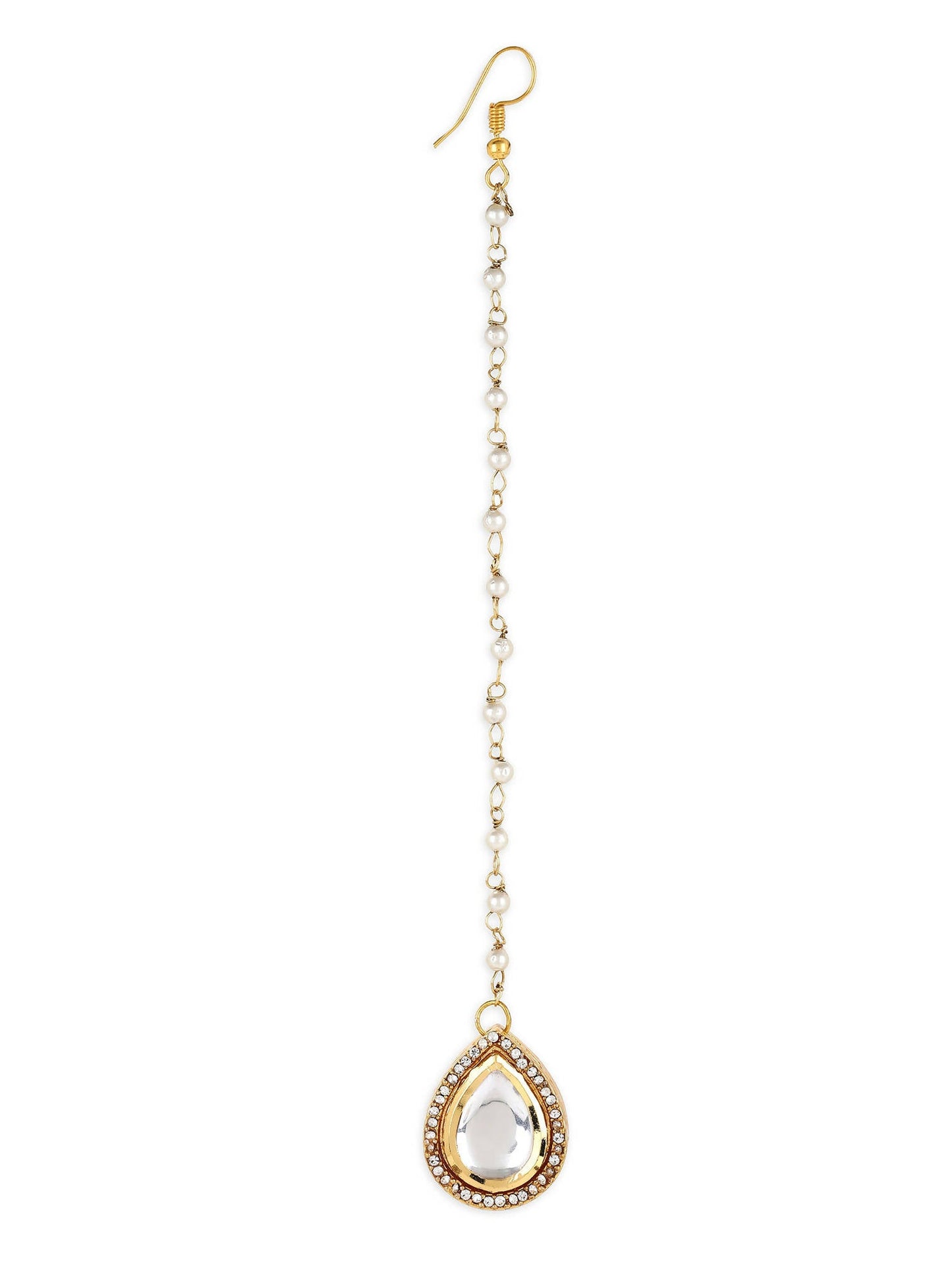Gold-Polished White Kundan-Studded Pearl Beaded Maang Tikka - Ruby Raang