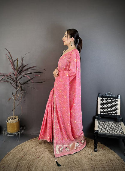 Elora Pink Vichitra Silk Animal Motifs Foil Print Sequence & Zari Embroidery Work Bandhani Saree