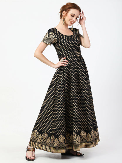 Cheera Women's Black Cotton Hand Block Print Long Dress With Silk Dupatta Set