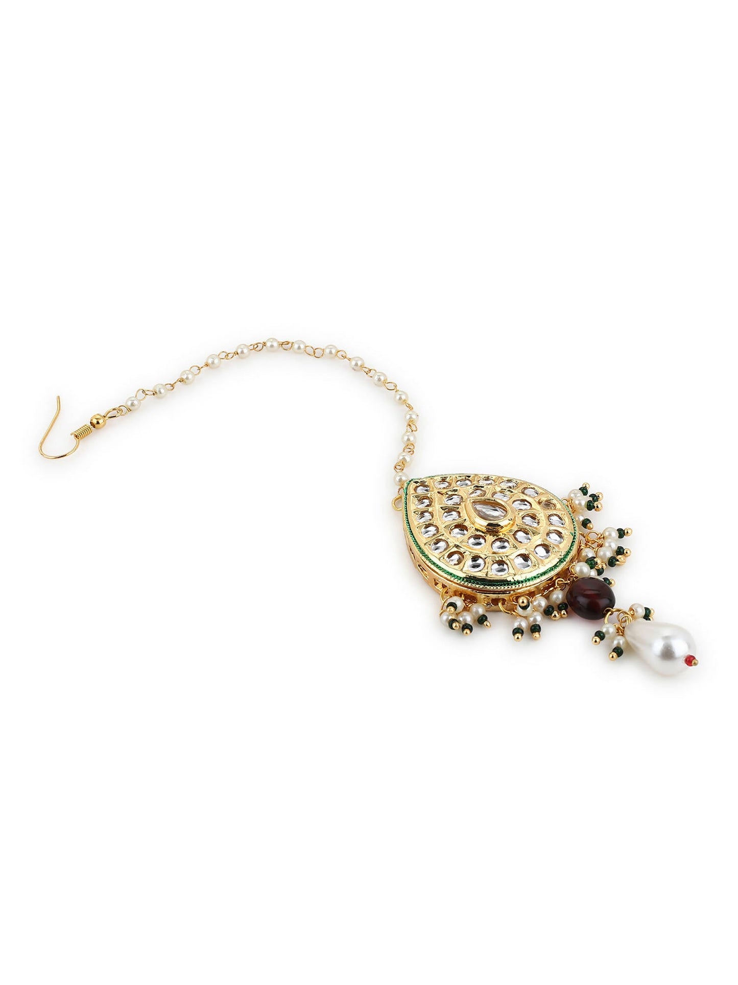 Gold-Polished White Green Kundan-Studded Pearl Beaded Maang Tikka - Ruby Raang