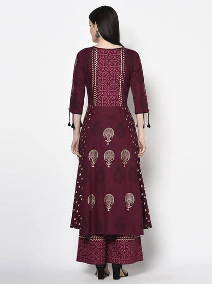 Aniyah Rayon Wine Color Block Print Anarkali Palazzo Set (AN-171K)