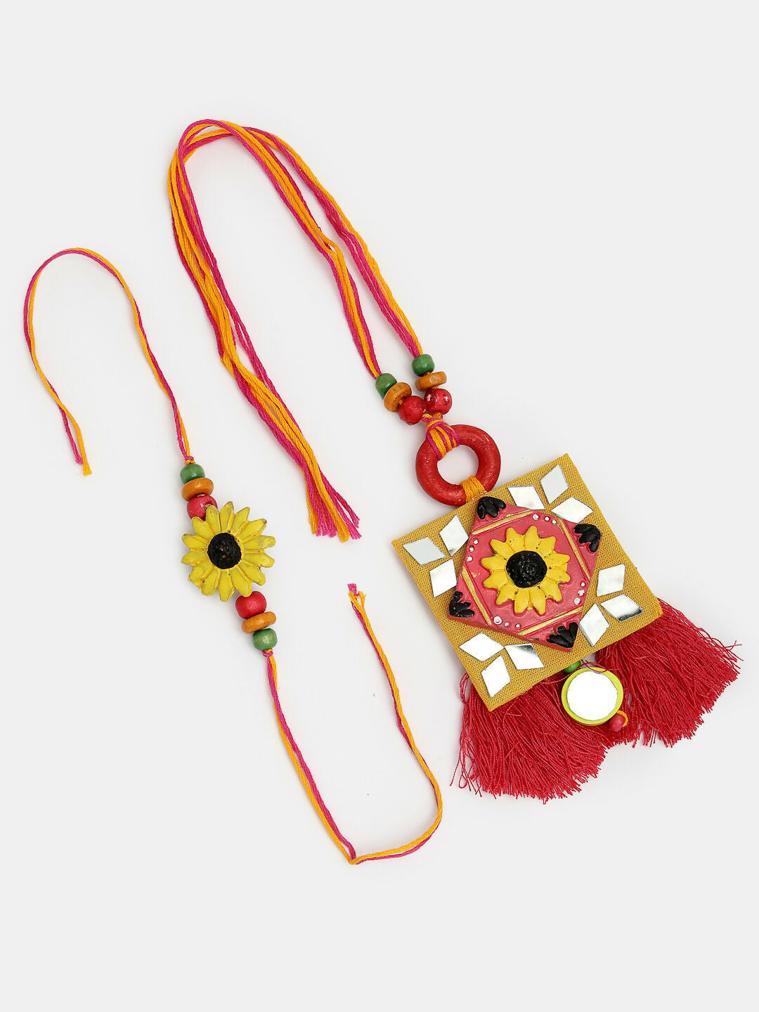 NVR Women & Men Set of 2 Red & Yellow Mirror Work Handcrafted Bhaiya Bhabi Rakhi With Roli Chawal