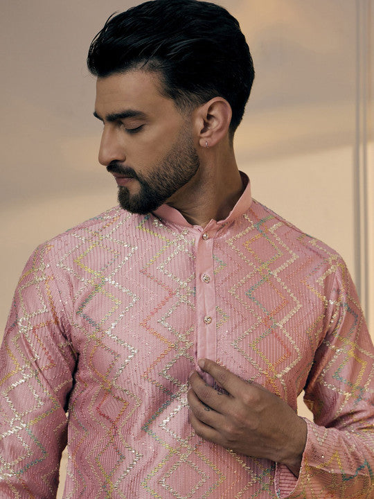 Anouk Pink Chevron Embroidered Gotta Patti Mandarin Collar Pure Cotton Straight Kurta